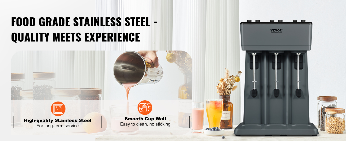 VEVOR milkshake maker, food-grade stainless steel, three-spindle design, easy-clean smooth cup wall.
