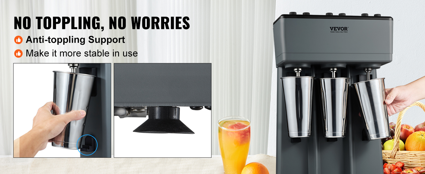 VEVOR milkshake maker with anti-toppling support for stable use. dual stainless steel cups included.