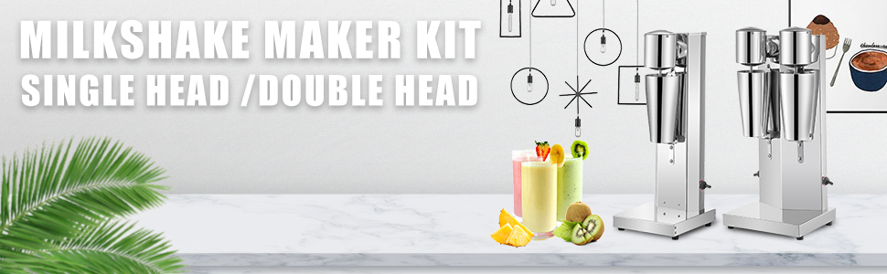 VEVOR milkshake maker kit: single and double head with vibrant fruit smoothies.
