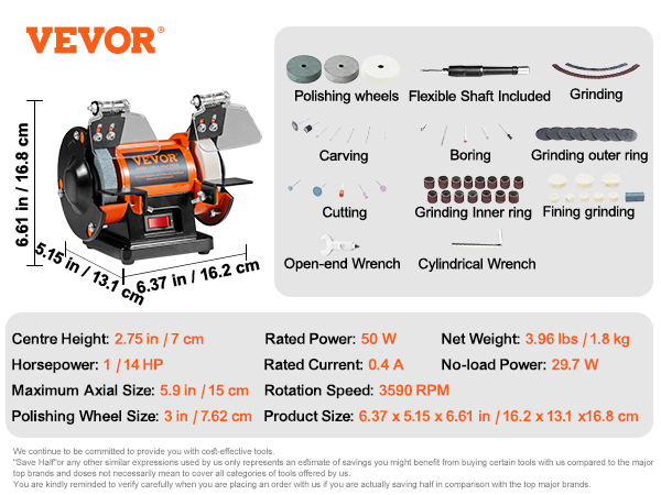 VEVOR bench polisher with polishing wheels, flexible shaft, wrenches, and various grinding accessories.