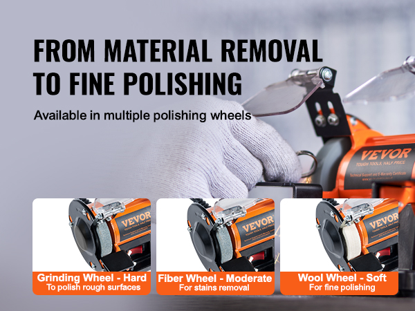 VEVOR bench polisher with grinding, fiber, and wool wheels for material removal and fine polishing.