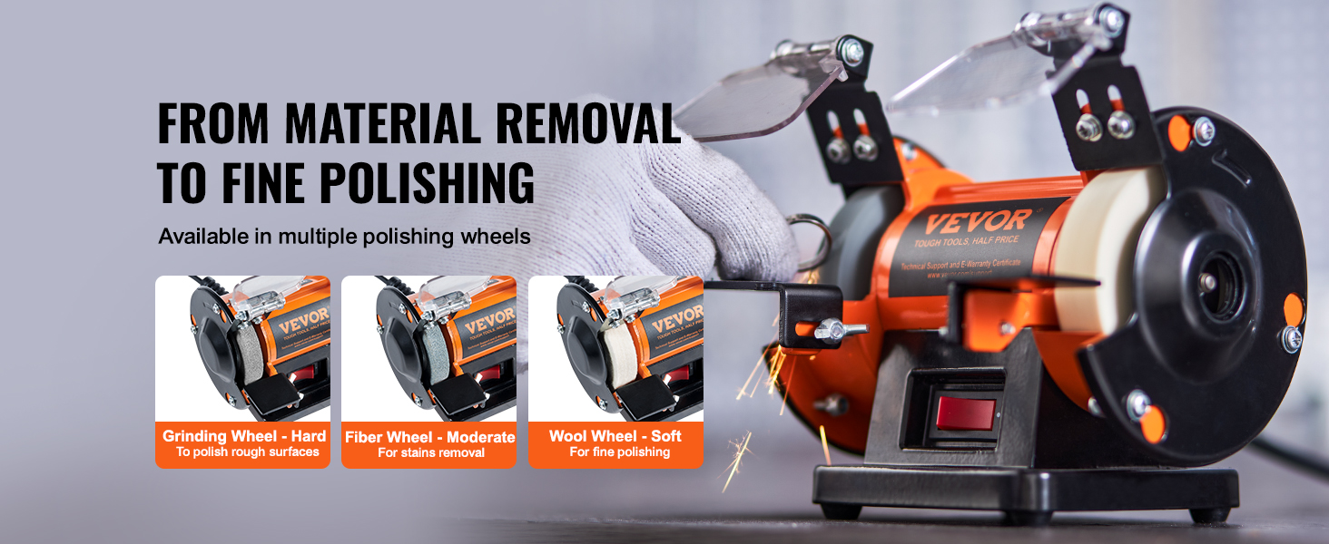VEVOR bench polisher with grinding, fiber, and wool wheels for material removal and fine polishing.