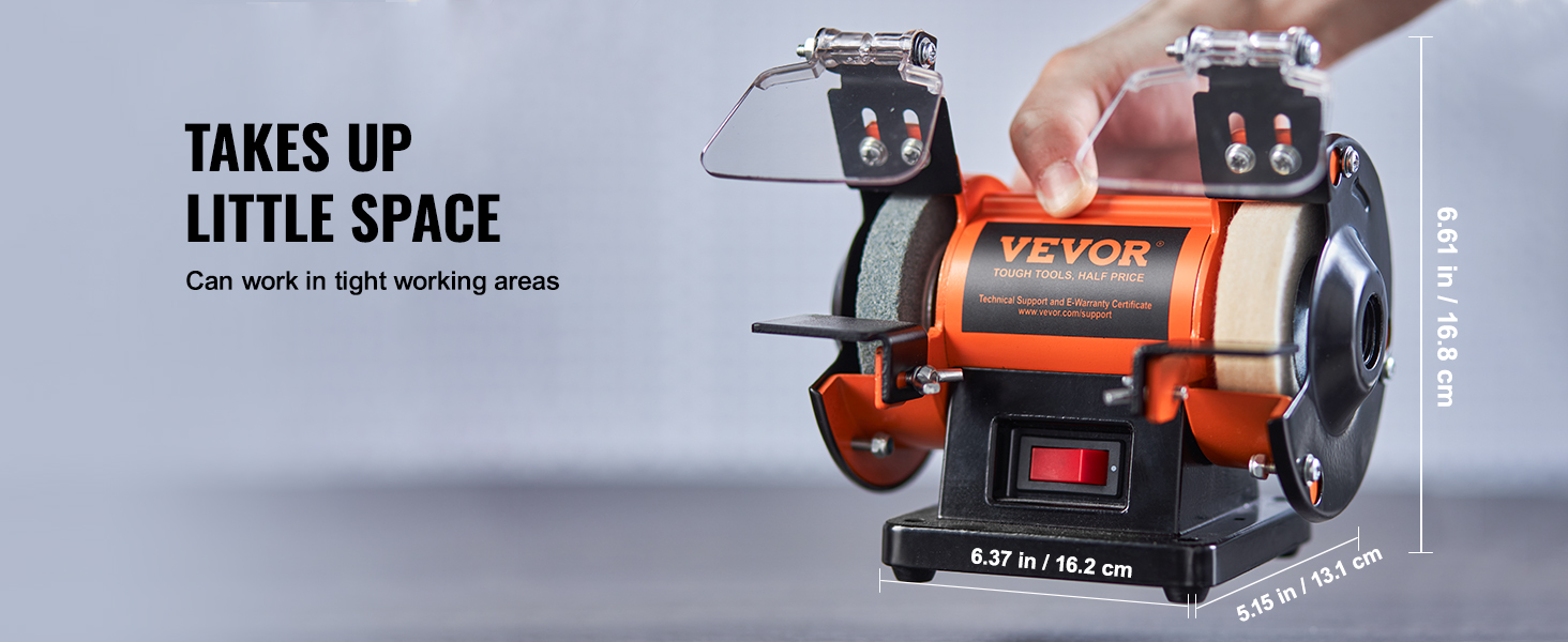 compact VEVOR bench polisher with dimensions, ideal for small spaces.