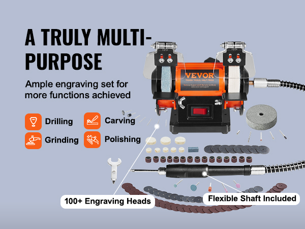 VEVOR bench polisher with flexible shaft, 100+ engraving heads, perfect for drilling, grinding, and carving.