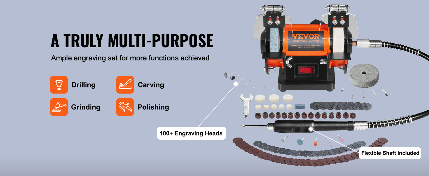 VEVOR bench polisher with flexible shaft, 100+ engraving heads, perfect for drilling, grinding, and carving.