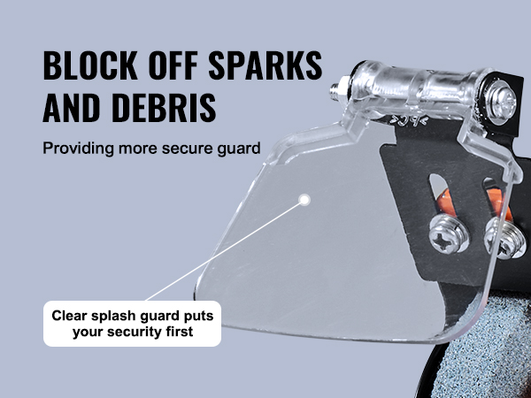 VEVOR bench polisher with clear splash guard to block off sparks and debris for enhanced safety.