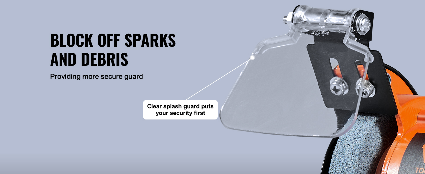 VEVOR bench polisher with clear splash guard to block off sparks and debris for enhanced safety.