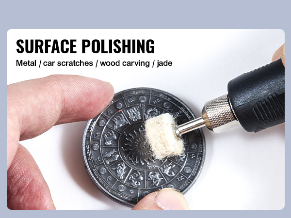 VEVOR bench polisher used for surface polishing metal disc with zodiac signs. suitable for various materials like jade.