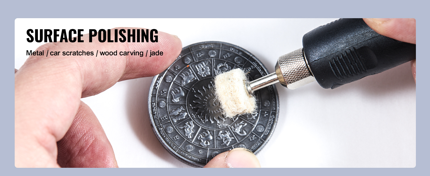 VEVOR bench polisher used for surface polishing metal disc with zodiac signs. suitable for various materials like jade.