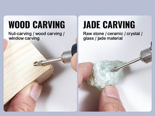 VEVOR bench polisher in use, carving wood and jade with precision tips for detailed craftsmanship.