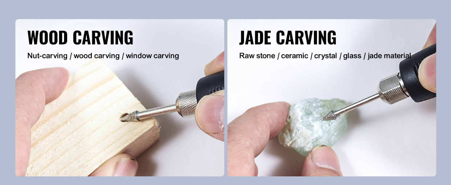 VEVOR bench polisher in use, carving wood and jade with precision tips for detailed craftsmanship.