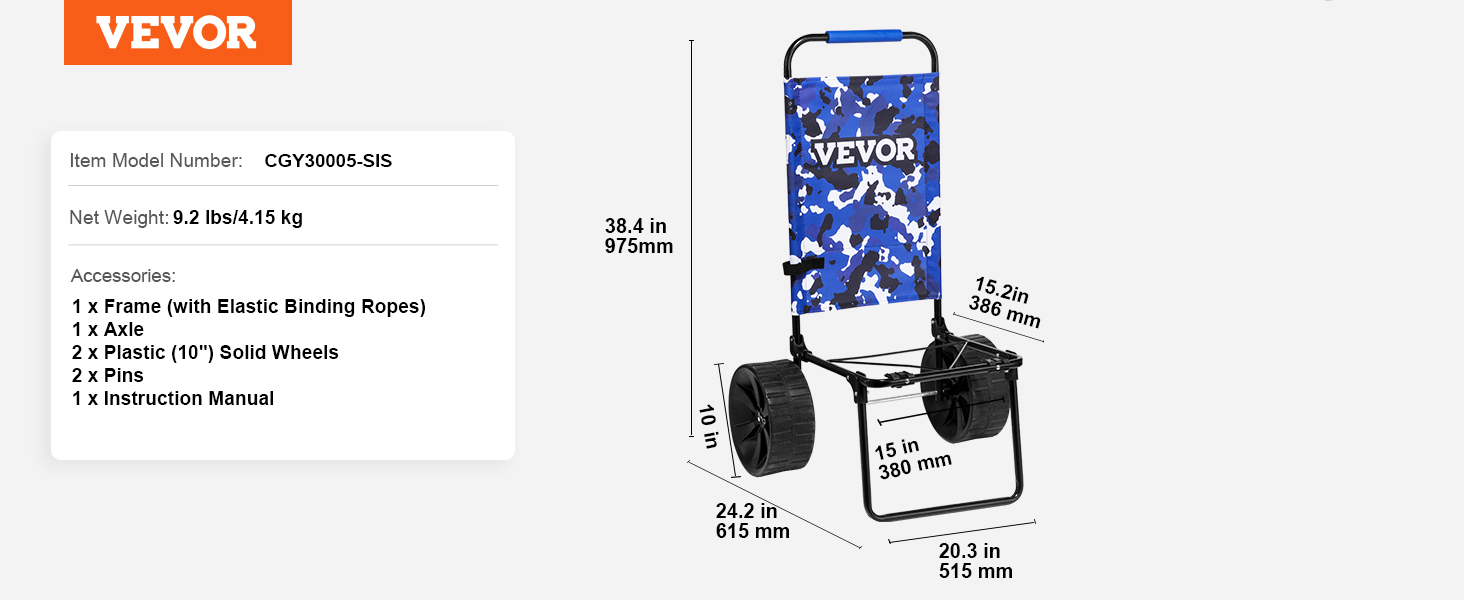 VEVOR paplūdimio dolly specifikacijos, mėlyna camo dizainas, 38.4 aukščio, 10in ratus, ir detalūs matavimai parodė.