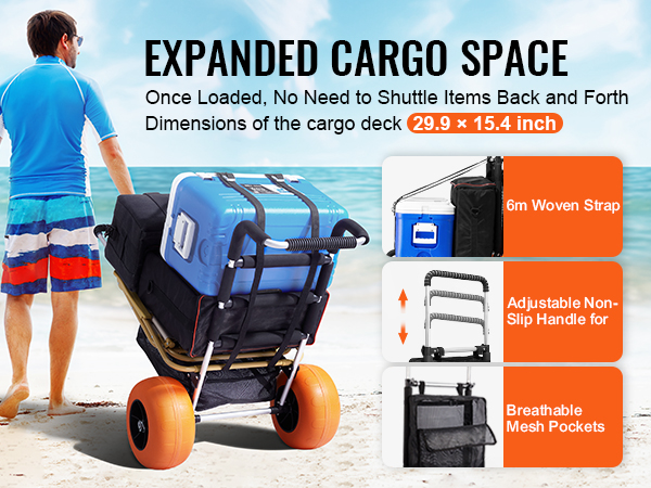 man pulling VEVOR beach cart loaded with cooler, bags, and flippers by the sea, with product features.