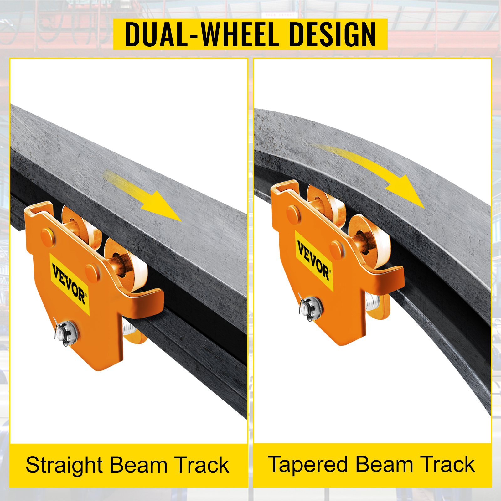 VEVOR manual trolley on straight and tapered beam tracks, dual-wheel design comparison.