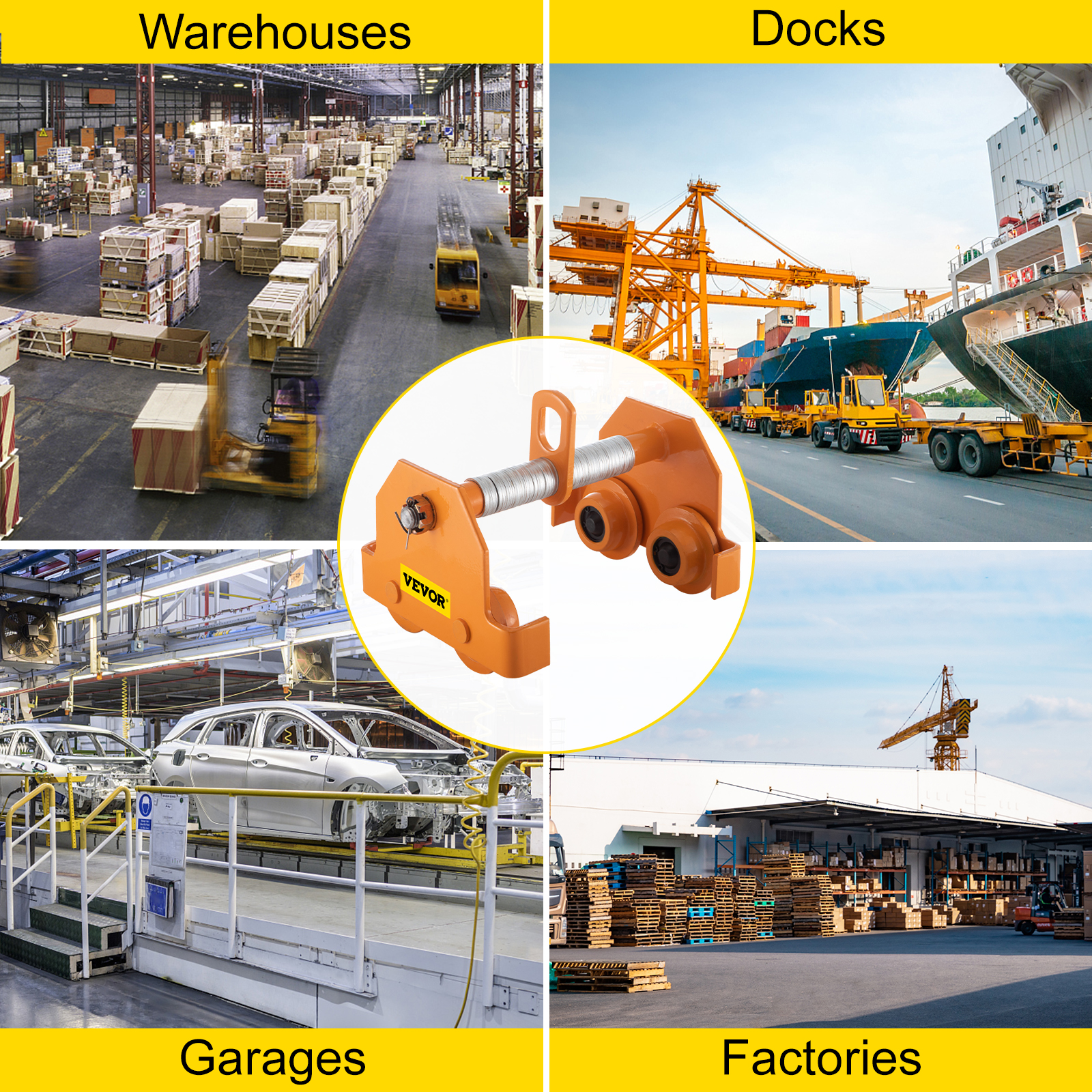 VEVOR manual trolley for warehouses, docks, garages, and factories.