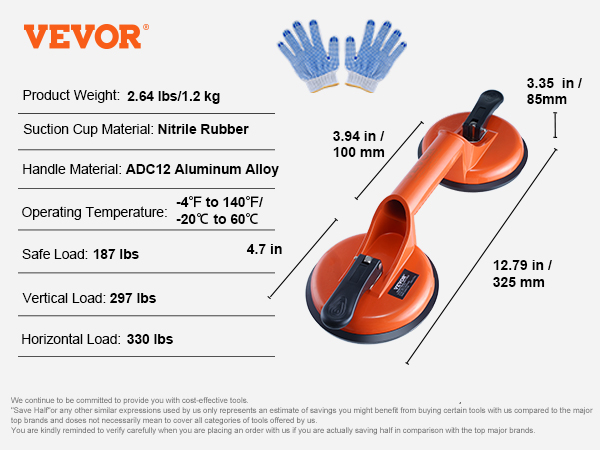 VEVOR glass suction cup with nitrile rubber, adc12 aluminum alloy handle, and safe load of 187 lbs.