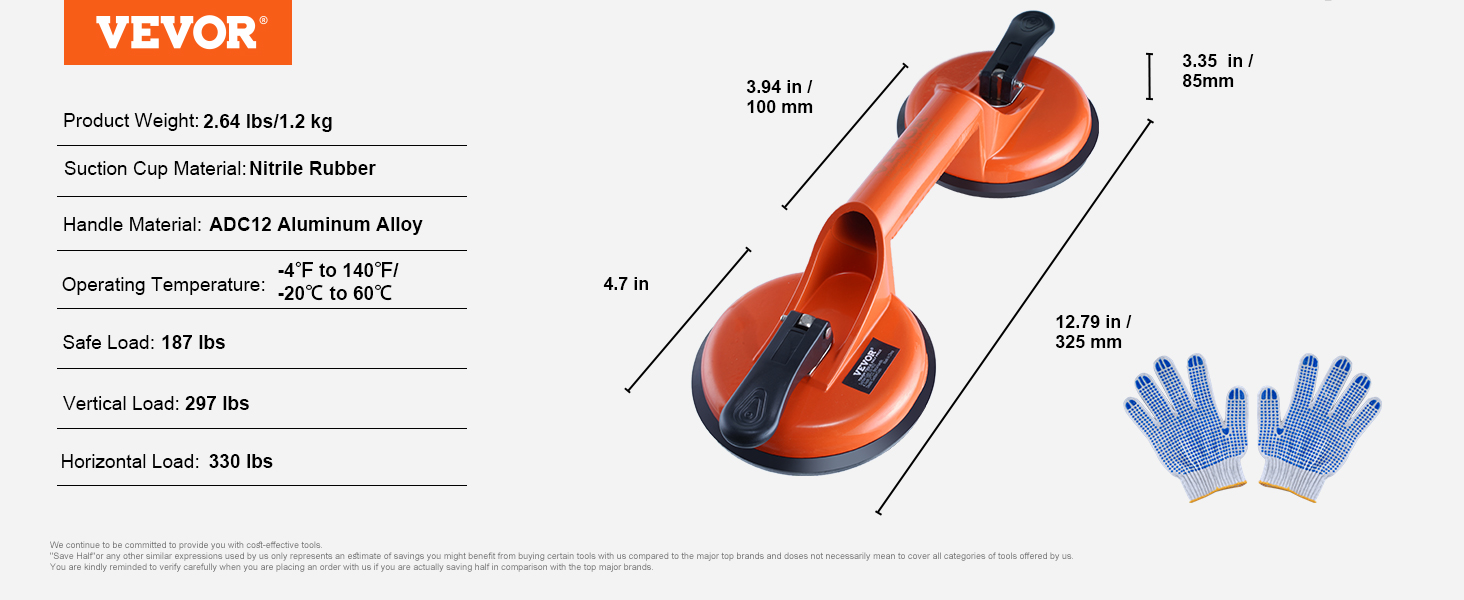 VEVOR glass suction cup with nitrile rubber, adc12 aluminum alloy handle, and safe load of 187 lbs.