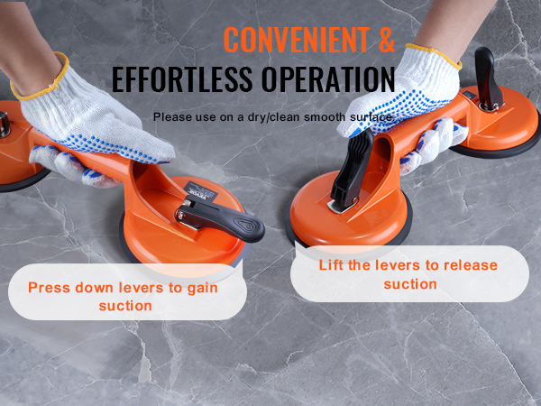 orange VEVOR glass suction cup being used on smooth, dry surface with text instructions for lever operation.
