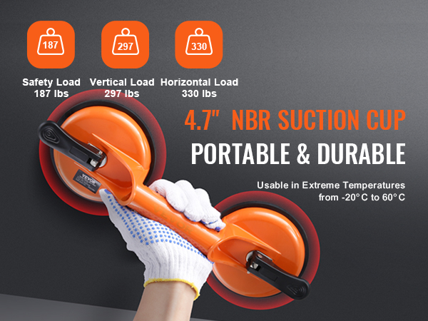VEVOR glass suction cup, portable and durable, 4.7" nbr, for extreme temperatures, load capacity details.