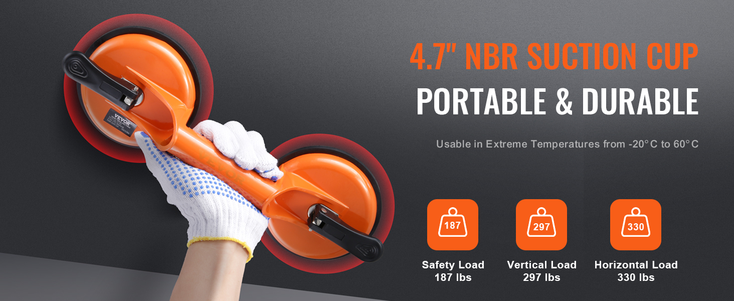 VEVOR glass suction cup, portable and durable, 4.7" nbr, for extreme temperatures, load capacity details.