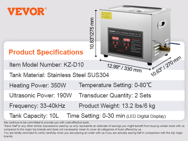 VEVOR ultrasonic cleaner product specifications: 350w, 10l, sus304 stainless steel, led display.