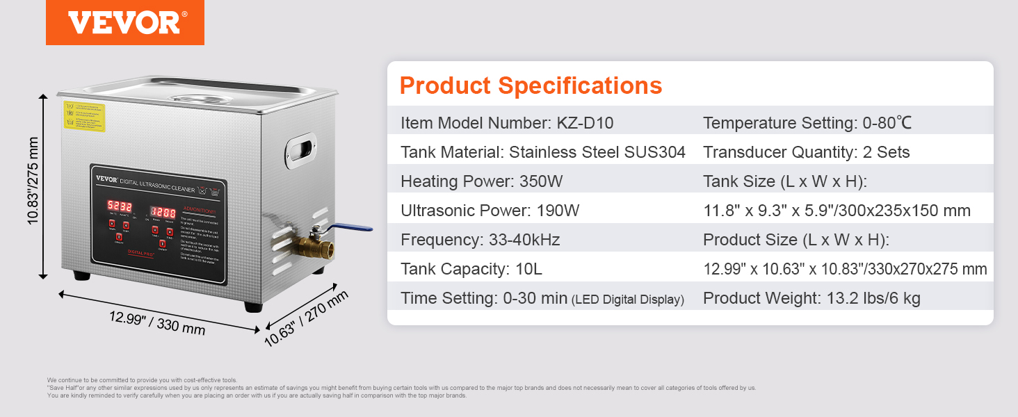 VEVOR ultrasonic cleaner product specifications: 350w, 10l, sus304 stainless steel, led display.