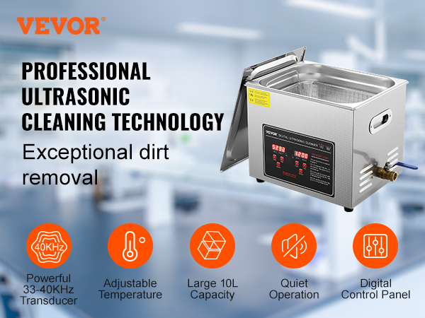 VEVOR ultrasonic cleaner with 10l capacity, 33-40khz transducer, adjustable temperature, and digital panel.