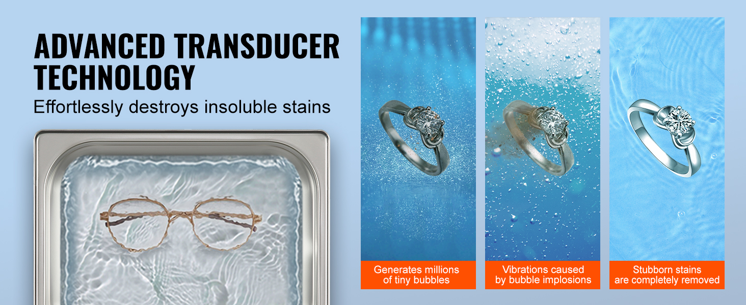 VEVOR ultrasonic cleaner uses advanced transducer technology to remove insolvable stains from glasses and rings.