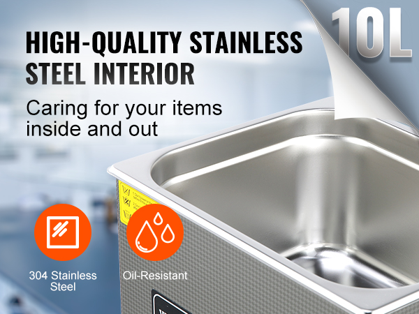 VEVOR ultrasonic cleaner with 10l stainless steel tank, oil-resistant, for high-quality cleaning.