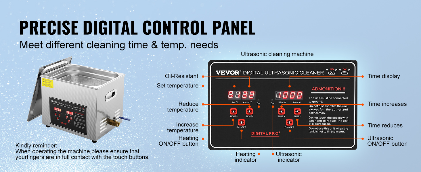 VEVOR ultrasonic cleaner with precise digital control panel for adjustable cleaning time and temperature.