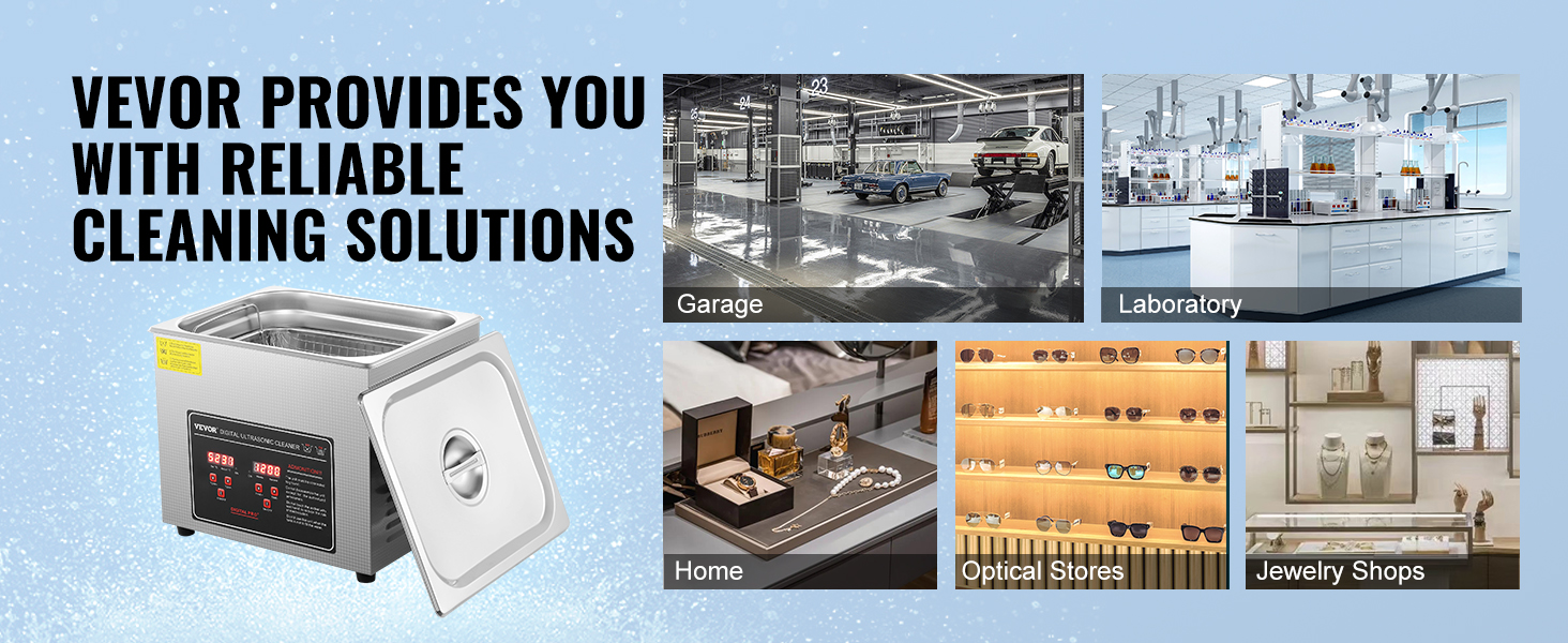 VEVOR ultrasonic cleaner for garages, laboratories, homes, optical stores, and jewelry shops.