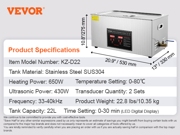 VEVOR ultrasonic cleaner with stainless steel tank, 22l capacity, 650w heating power, and led display.