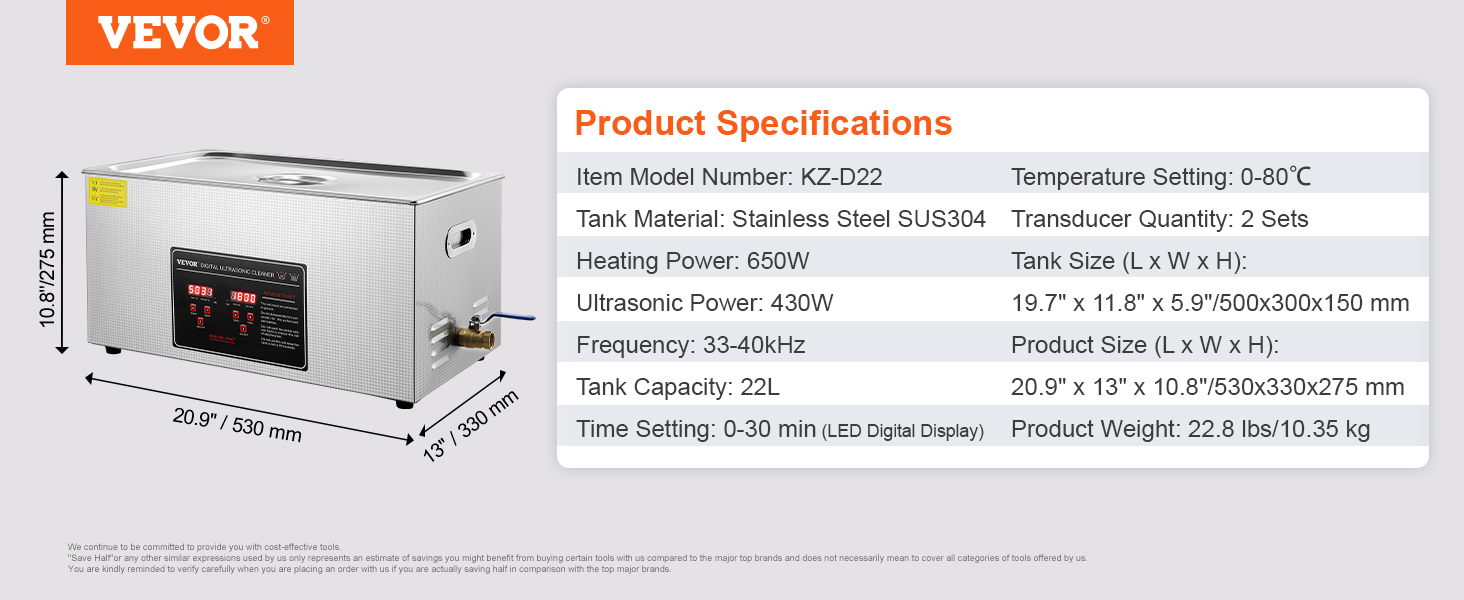 VEVOR ultrasonic cleaner with stainless steel tank, 22l capacity, 650w heating power, and led display.