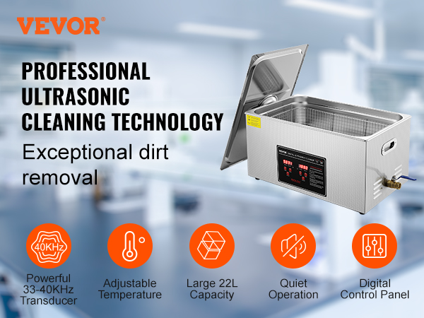 VEVOR ultrasonic cleaner with digital control, large 22l capacity, adjustable temperature, and quiet operation.