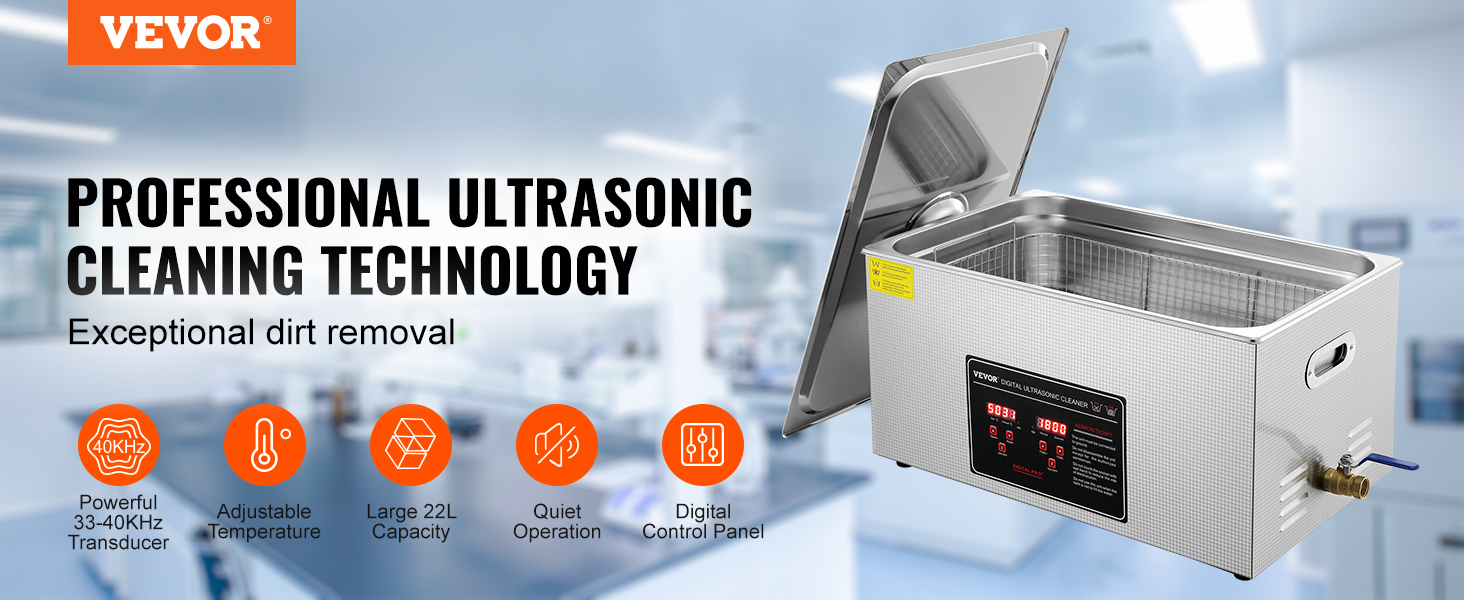 VEVOR ultrasonic cleaner with digital control, large 22l capacity, adjustable temperature, and quiet operation.