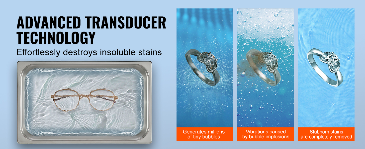 advanced transducer technology of VEVOR ultrasonic cleaner removes stubborn stains from jewelry and glasses.