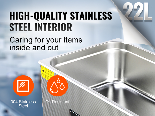 VEVOR ultrasonic cleaner with high-quality 304 stainless steel interior and oil-resistant design, 22l.