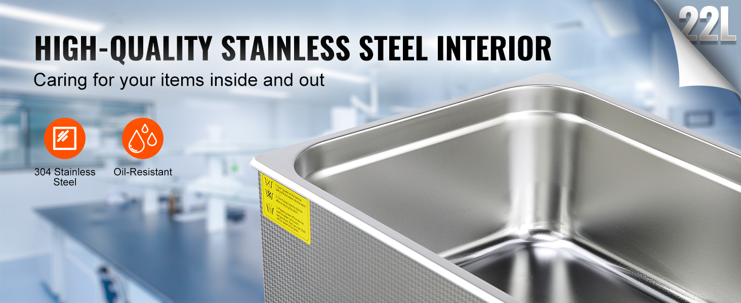 VEVOR ultrasonic cleaner with high-quality 304 stainless steel interior and oil-resistant design, 22l.