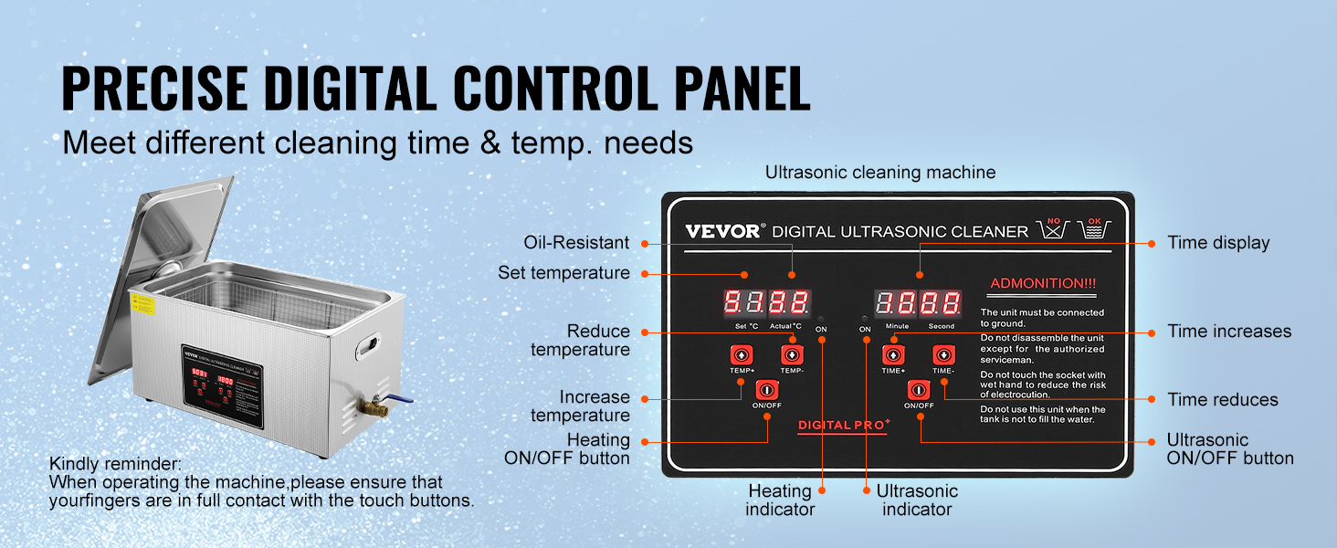 VEVOR ultrasonic cleaner with precise digital control panel for varied cleaning times and temperatures.