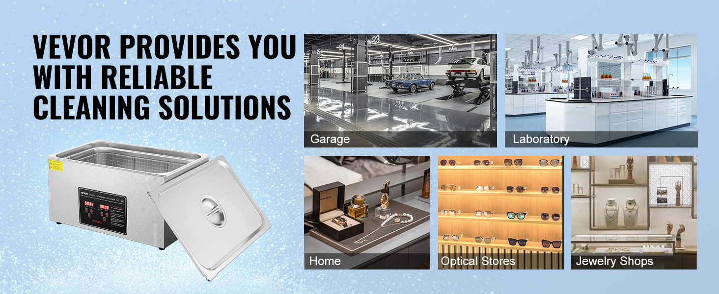VEVOR ultrasonic cleaner with images of applications in garage, laboratory, home, optical stores, and jewelry shops.