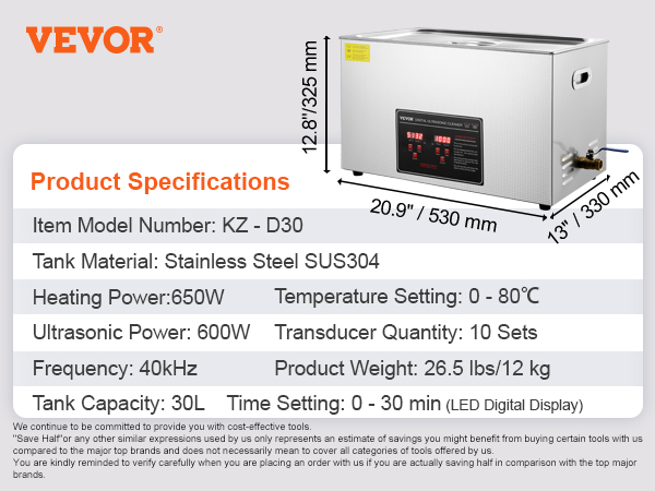 VEVOR ultrasonic cleaner with stainless steel tank, 650w heating, 30l capacity, and led digital display.