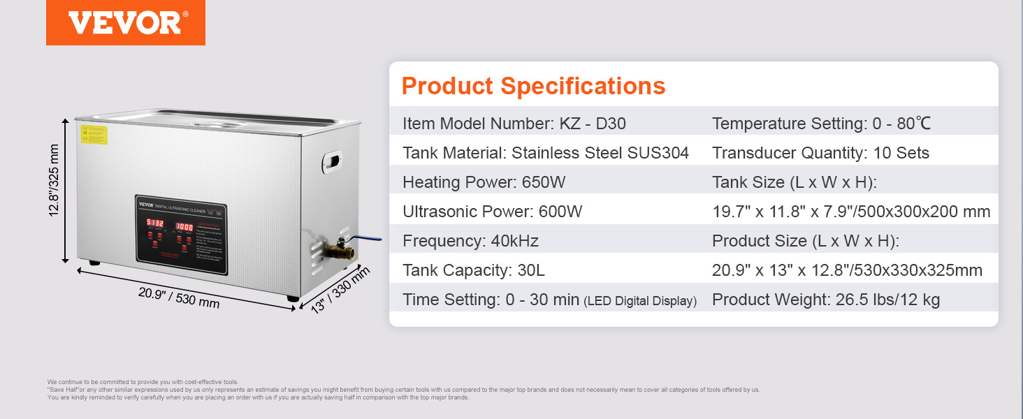 VEVOR ultrasonic cleaner with stainless steel tank, 650w heating, 30l capacity, and led digital display.