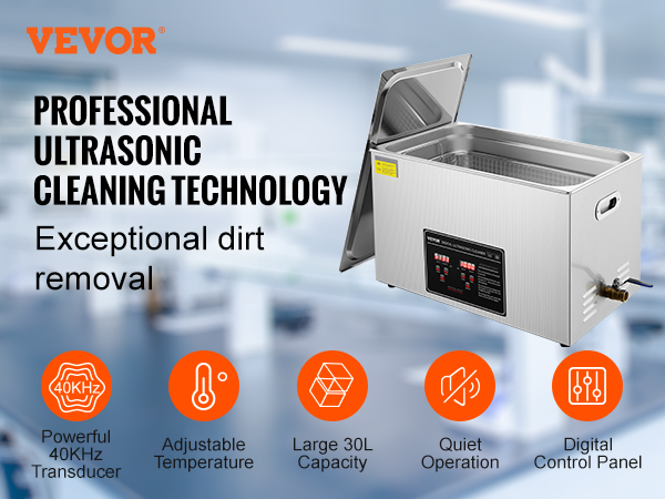 VEVOR ultrasonic cleaner with 40khz transducer, adjustable temperature, 30l capacity, and digital control panel.