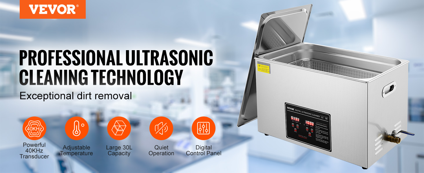 VEVOR ultrasonic cleaner with 40khz transducer, adjustable temperature, 30l capacity, and digital control panel.