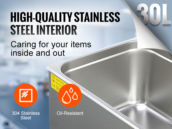 VEVOR ultrasonic cleaner with high-quality stainless steel interior, 304 stainless steel, oil-resistant, 30l.