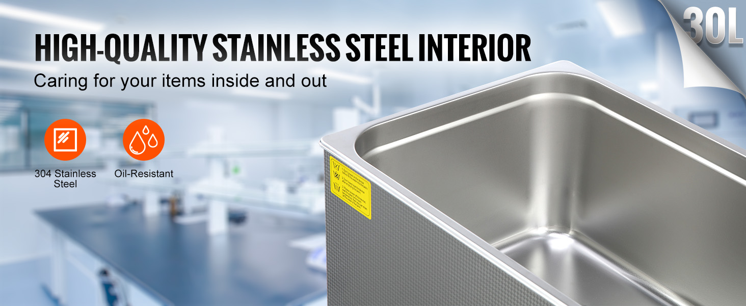 VEVOR ultrasonic cleaner with high-quality stainless steel interior, 304 stainless steel, oil-resistant, 30l.