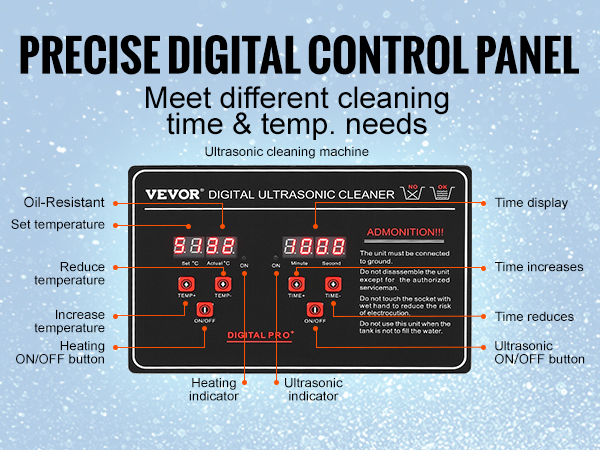 VEVOR ultrasonic cleaner with precise digital control panel, adjustable time and temperature settings.