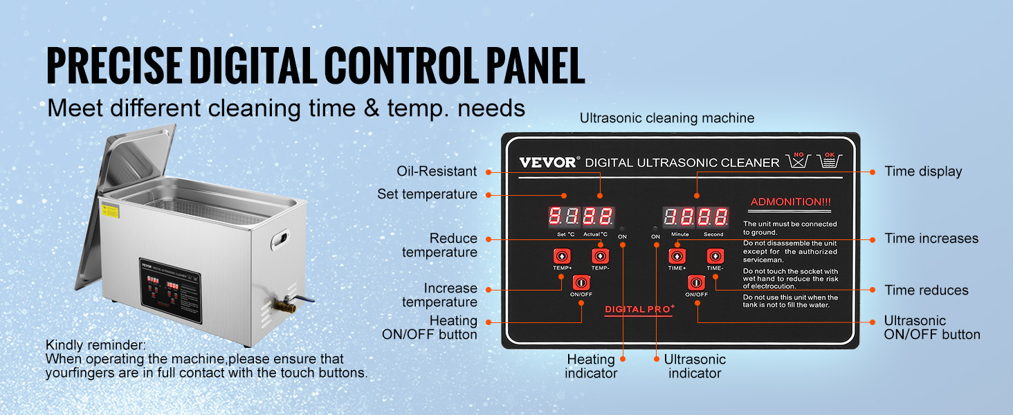 VEVOR ultrasonic cleaner with precise digital control panel, adjustable time and temperature settings.