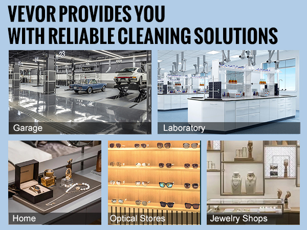 VEVOR ultrasonic cleaner for garages, laboratories, homes, optical stores, and jewelry shops. reliable cleaning solutions.