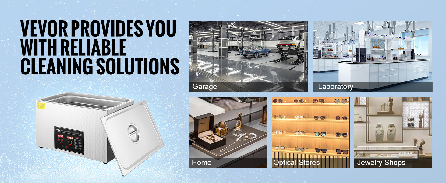 VEVOR ultrasonic cleaner for garages, laboratories, homes, optical stores, and jewelry shops. reliable cleaning solutions.